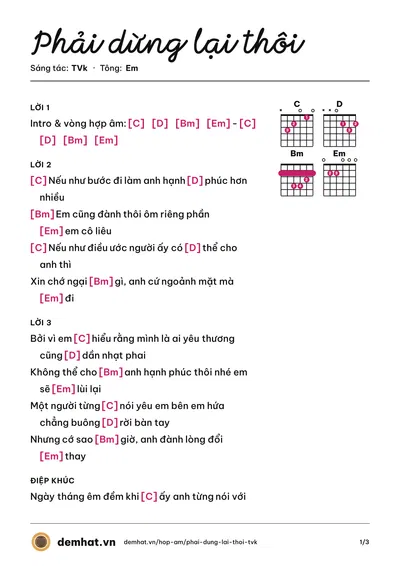 Hợp âm Phải dừng lại thôi (Hana Cẩm Tiên) – bản nhạc PDF trang 1, tông Em
