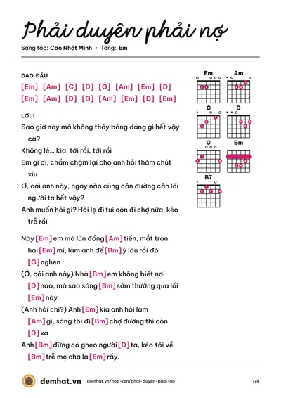 Hợp âm Phải duyên phải nợ (Quỳnh Trang) – bản nhạc PDF trang 1, tông Em
