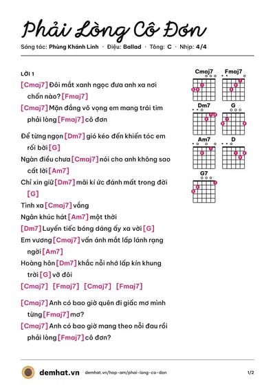 Hợp âm Phải Lòng Cô Đơn (Phùng Khánh Linh) – bản nhạc PDF trang 1, tông C