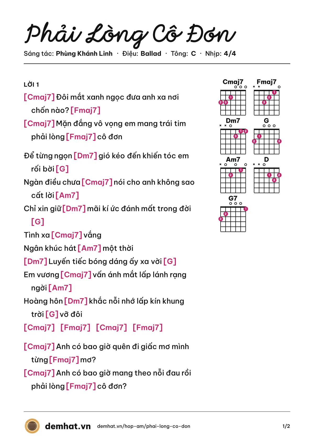 Hợp âm Phải Lòng Cô Đơn (Phùng Khánh Linh) – bản nhạc PDF trang 1, tông C
