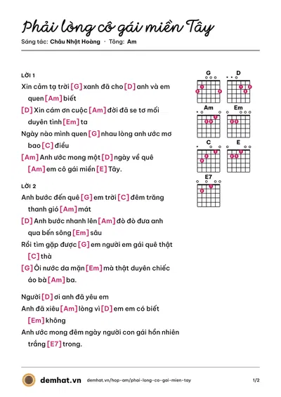 Hợp âm Phải lòng cô gái miền Tây (Nguyễn Đông) – bản nhạc PDF trang 1, tông Am