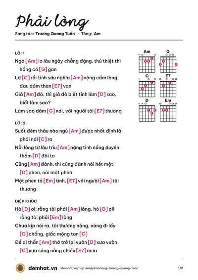 Hợp âm Phải lòng (Hà Phương) – bản nhạc PDF trang 1, tông Am