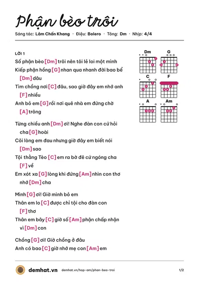 Hợp âm Phận bèo trôi (Kim Jun See) – bản nhạc PDF trang 1, tông Dm