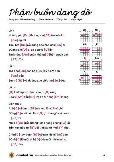 Hợp âm Phận buồn dang dở (Diễm Thùy) – bản nhạc PDF trang 1, tông Em