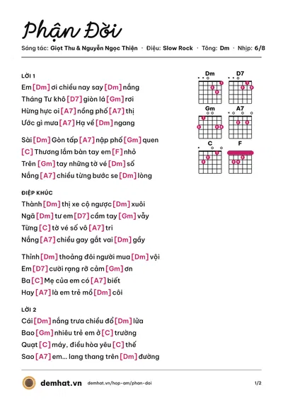 Hợp âm Phận Đời (Giọt Thu) – bản nhạc PDF trang 1, tông Dm