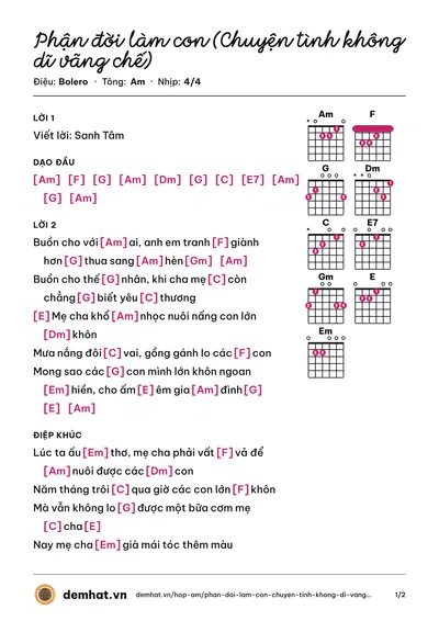 Hợp âm Phận đời làm con (Chuyện tình không dĩ vãng chế) (Bích Ngọc) – bản nhạc PDF trang 1, tông Am
