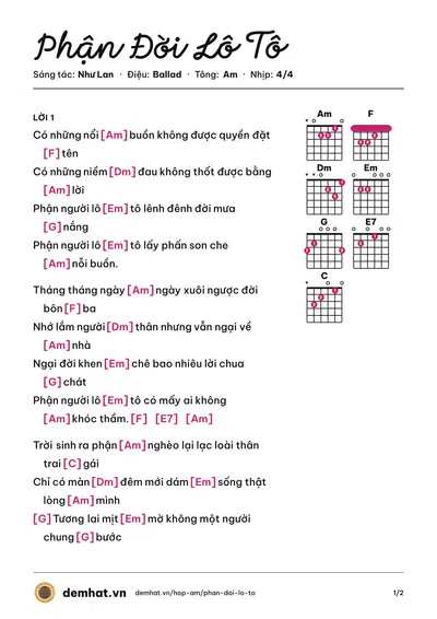 Hợp âm Phận Đời Lô Tô (Như Lan) – bản nhạc PDF trang 1, tông Am