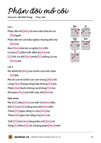 Hợp âm Phận đời mồ côi (Hà Vĩnh Trung) – bản nhạc PDF trang 1, tông Dm
