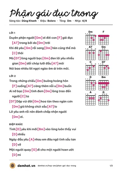 Hợp âm Phận gái đục trong (Nhã Ca) – bản nhạc PDF trang 1, tông Dm