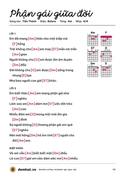 Hợp âm Phận gái giữa đời (Tiến Thành) – bản nhạc PDF trang 1, tông Am