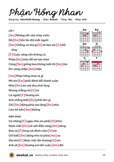 Hợp âm Phận Hồng Nhan (Hứa Khiết Quang) – bản nhạc PDF trang 1, tông Am