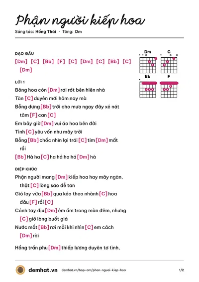 Hợp âm Phận người kiếp hoa (Hồng Thái) – bản nhạc PDF trang 1, tông Dm