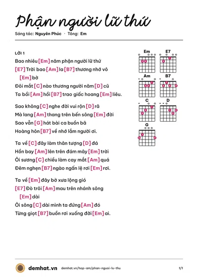 Hợp âm Phận người lữ thứ (Tú Lệ) – bản nhạc PDF trang 1, tông Em