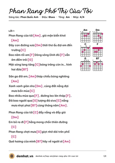Hợp âm Phan Rang Phố Thị Của Tôi (Mai Hoa) – bản nhạc PDF trang 1, tông Am