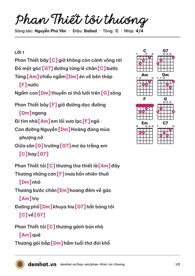 Hợp âm Phan Thiết tôi thương (Đông Quân) – bản nhạc PDF trang 1, tông C