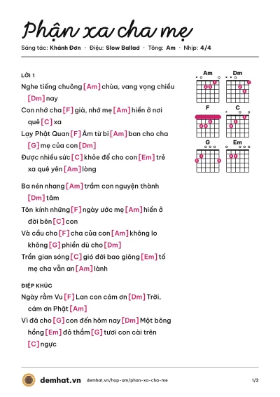 Hợp âm Phận xa cha mẹ (Lương Bích Hữu) – bản nhạc PDF trang 1, tông Am