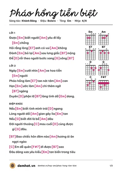 Hợp âm Pháo hồng tiễn biệt (Hương Lan) – bản nhạc PDF trang 1, tông Em
