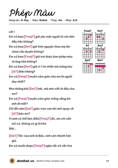 Hợp âm Phép Màu (B-Ray) – bản nhạc PDF trang 1, tông Am
