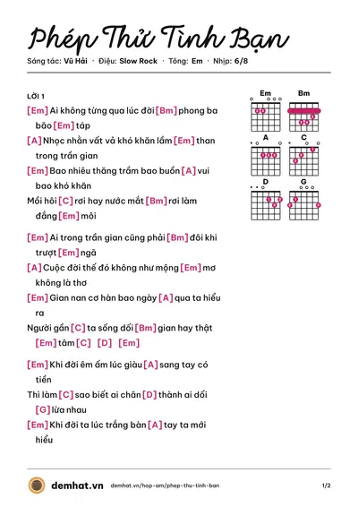 Hợp âm Phép Thử Tình Bạn (Ngọc Ánh Sáng) – bản nhạc PDF trang 1, tông Em