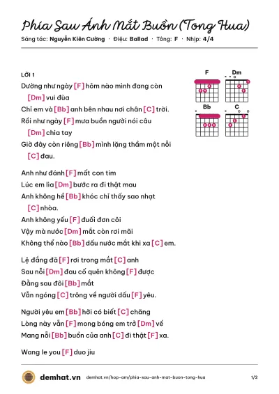 Hợp âm Phía Sau Ánh Mắt Buồn (Tong Hua) (Nguyễn Kiên Cường) – bản nhạc PDF trang 1, tông F