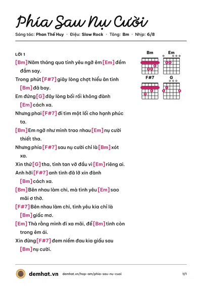 Hợp âm Phía Sau Nụ Cười (Bằng Kiều) – bản nhạc PDF trang 1, tông Bm