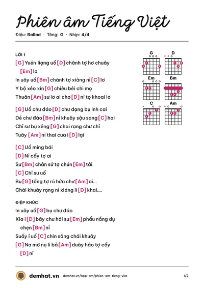 Hợp âm Phiên âm Tiếng Việt (Lạc Vũ) – bản nhạc PDF trang 1, tông G