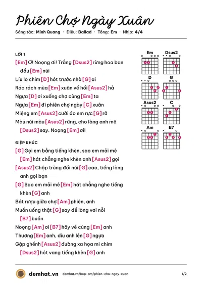 Hợp âm Phiên Chợ Ngày Xuân (Thế Hùng) – bản nhạc PDF trang 1, tông Em