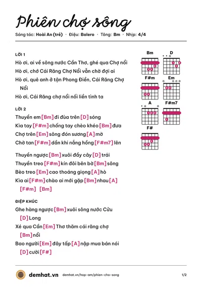 Hợp âm Phiên chợ sông (Hà Vân) – bản nhạc PDF trang 1, tông Bm