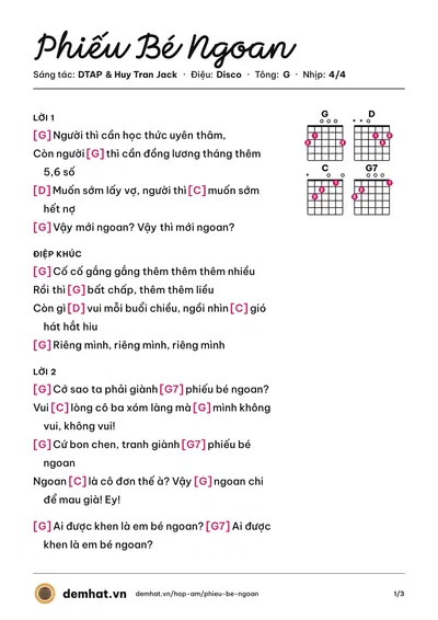 Hợp âm Phiếu Bé Ngoan (Sơn Thạch) – bản nhạc PDF trang 1, tông G