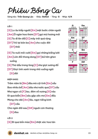 Hợp âm Phiêu Bồng Ca (Ngọc Lễ) – bản nhạc PDF trang 1, tông G