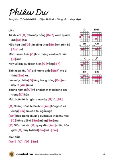 Hợp âm Phiêu Du (Đan Trường) – bản nhạc PDF trang 1, tông G