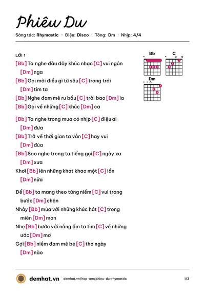Hợp âm Phiêu Du (Cường Seven) – bản nhạc PDF trang 1, tông Dm