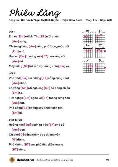Hợp âm Phiêu Lãng (Lãng) – bản nhạc PDF trang 1, tông Em