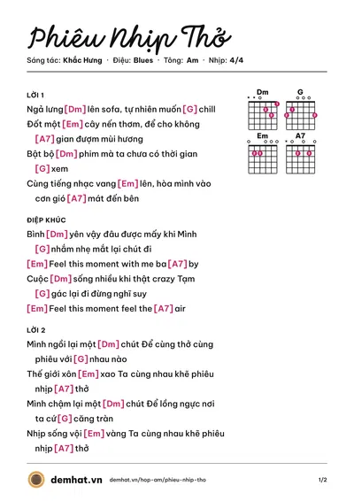 Hợp âm Phiêu Nhịp Thở (Phương Ly) – bản nhạc PDF trang 1, tông Am