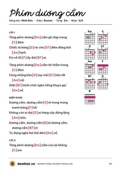 Hợp âm Phím dương cầm (Thụy Long) – bản nhạc PDF trang 1, tông Em
