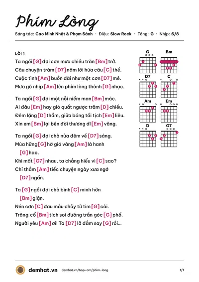 Hợp âm Phím Lòng (Ngọc Châu) – bản nhạc PDF trang 1, tông G
