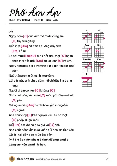 Hợp âm Phố Ấm Áp (Nguyên Vũ) – bản nhạc PDF trang 1, tông C