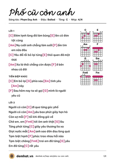 Hợp âm Phố cũ còn anh (Quinn) – bản nhạc PDF trang 1, tông C