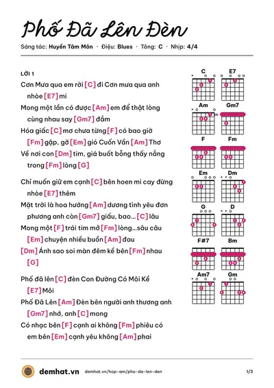 Hợp âm Phố Đã Lên Đèn (Huyền Tâm Môn) – bản nhạc PDF trang 1, tông C