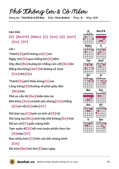 Hợp âm Phố Không Em & Cỏ Mềm (Tấn Minh) – bản nhạc PDF trang 1, tông G