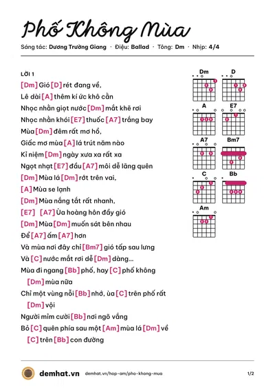 Hợp âm Phố Không Mùa (Bùi Anh Tuấn) – bản nhạc PDF trang 1, tông Dm