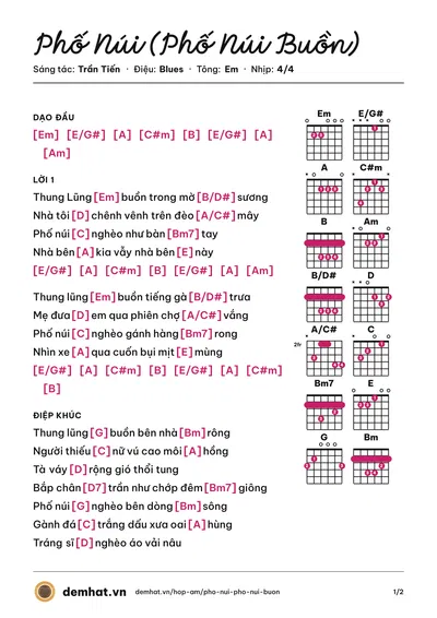 Hợp âm Phố Núi (Phố Núi Buồn) (Hòa T. Trần) – bản nhạc PDF trang 1, tông Em