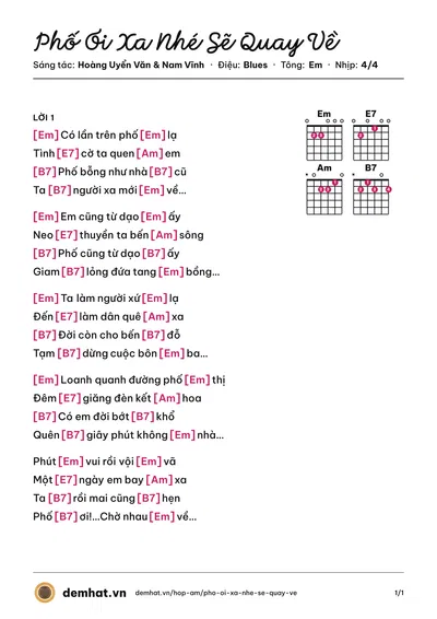 Hợp âm Phố Ơi Xa Nhé Sẽ Quay Về (Hoàng Uyển Văn) – bản nhạc PDF trang 1, tông Em