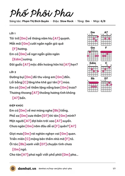 Hợp âm Phố Phôi Pha (Quốc Duy) – bản nhạc PDF trang 1, tông Dm