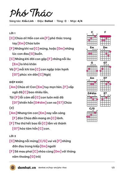 Hợp âm Phó Thác (Gia Ân) – bản nhạc PDF trang 1, tông C