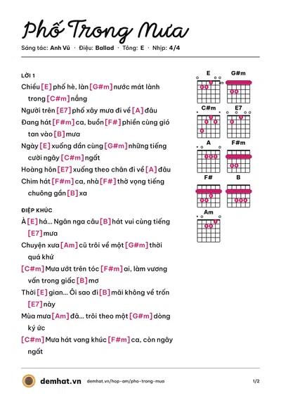 Hợp âm Phố Trong Mưa (Thùy Chi) – bản nhạc PDF trang 1, tông E