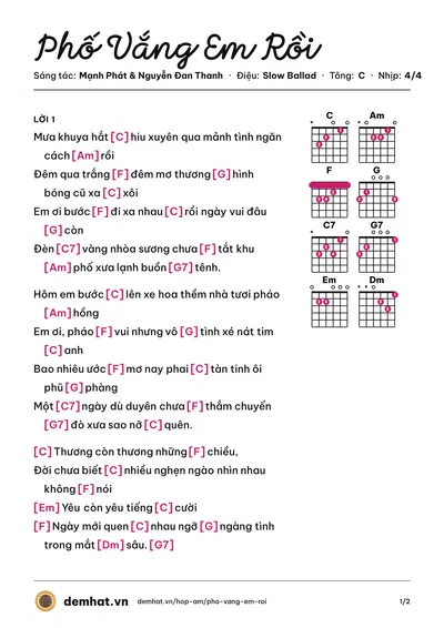 Hợp âm Phố Vắng Em Rồi (Tuấn Vũ) – bản nhạc PDF trang 1, tông C