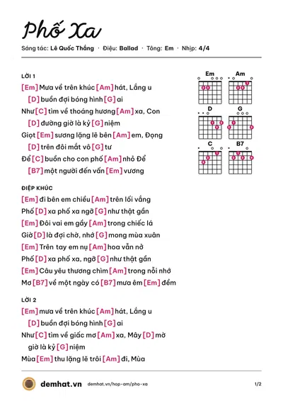 Hợp âm Phố Xa (Thế Mạnh) – bản nhạc PDF trang 1, tông Em
