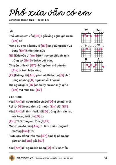 Hợp âm Phố xưa vẫn có em (Thanh Trúc) – bản nhạc PDF trang 1, tông Em