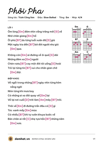 Hợp âm Phôi Pha (Đàm Vĩnh Hưng) – bản nhạc PDF trang 1, tông Em